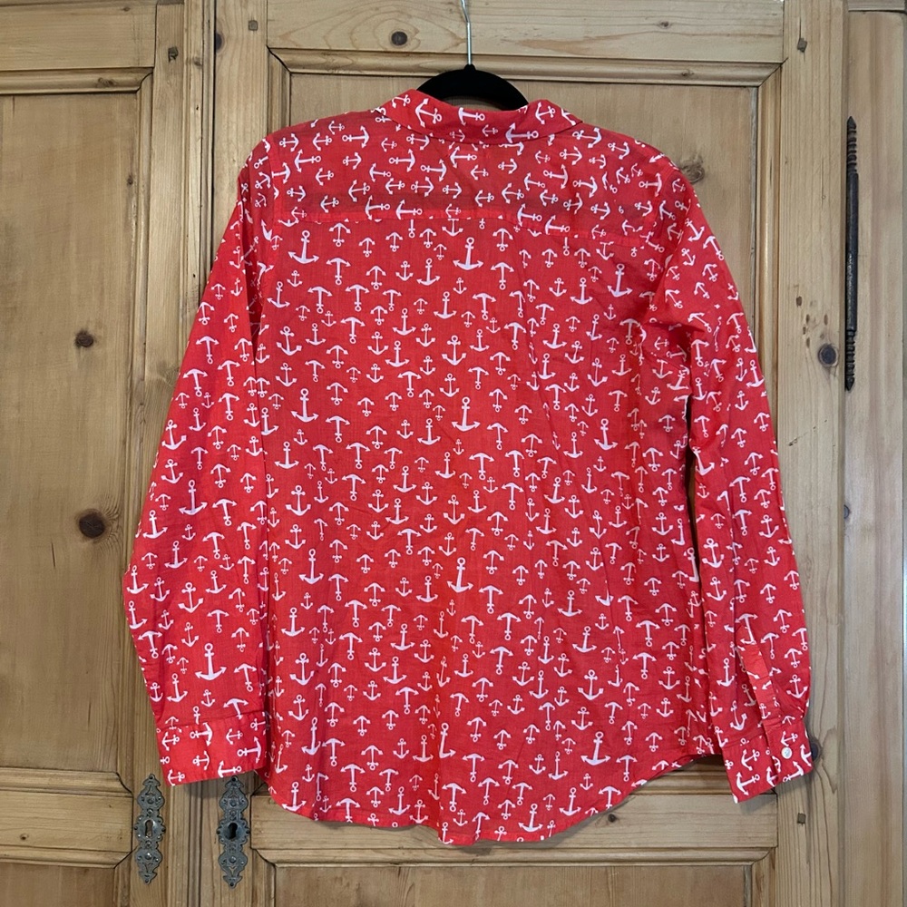 Old Navy Women’s Coral Red Anchor Print Cotton Button Down Shirt Sz L - Picture 3 of 6